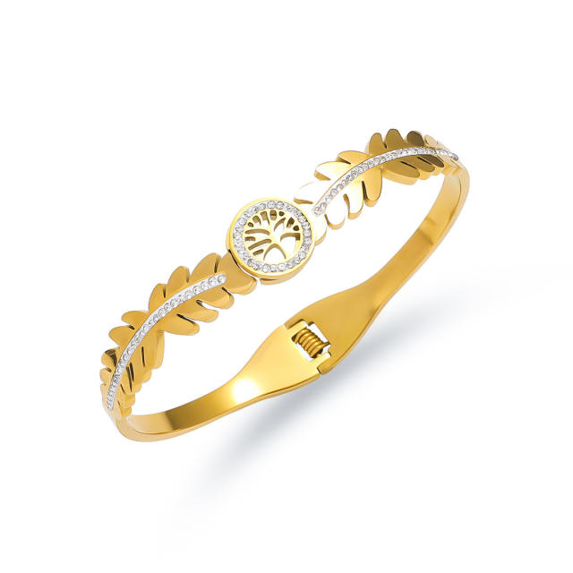 Easy match leaf flower rhinestone inlaid stainless steel bangle bracelet