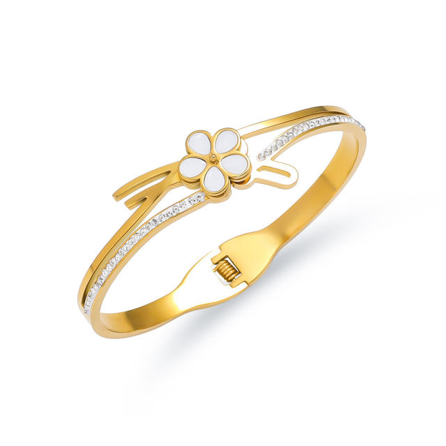 Easy match leaf flower rhinestone inlaid stainless steel bangle bracelet