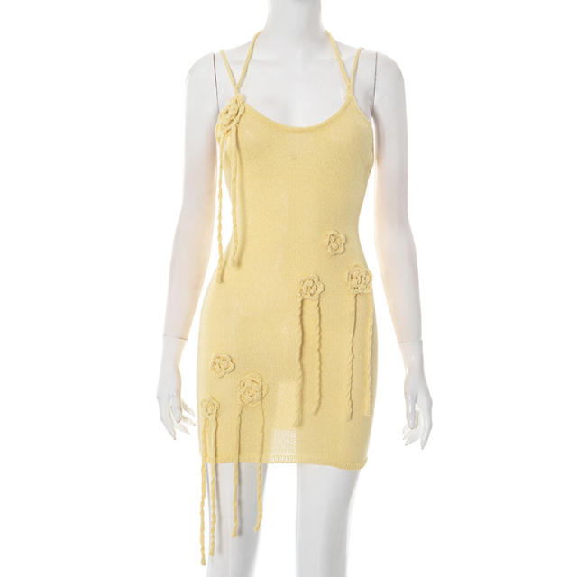 Women's Summer New Sexy Halterneck Lace-Up Flower Woolen Hip-Hugging Short dress