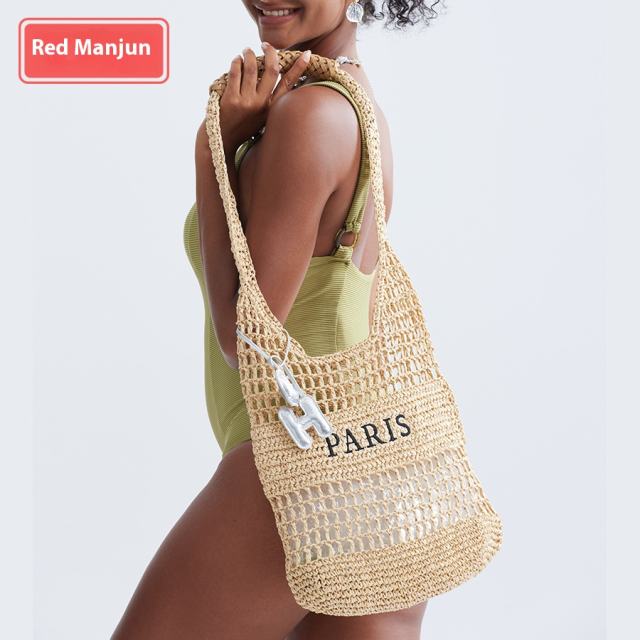 Handmade Letter Woven Tote Bag Hollow Casual Straw Handbag Summer Seaside Holiday Beach Bag