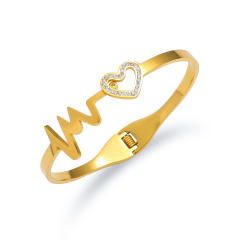 Hollow out heart rhinestone stainless steel bangle bracelet
