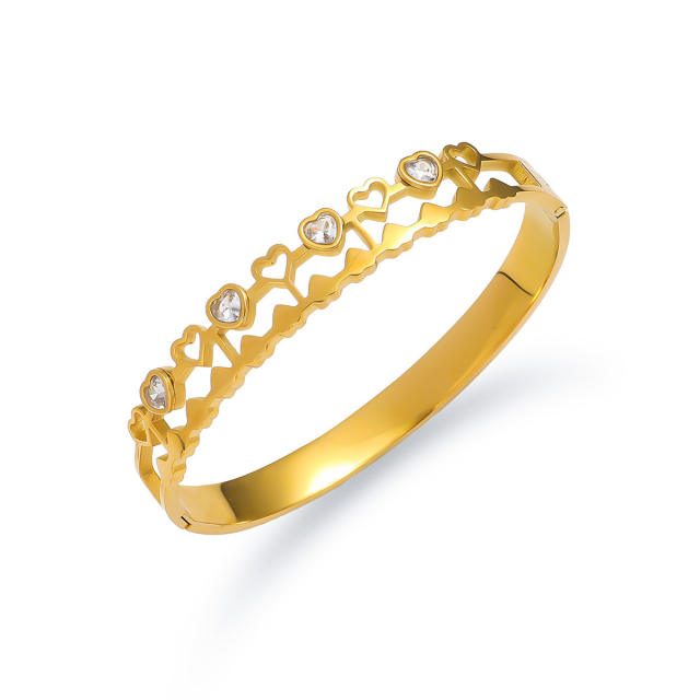 Hollow out heart rhinestone stainless steel bangle bracelet