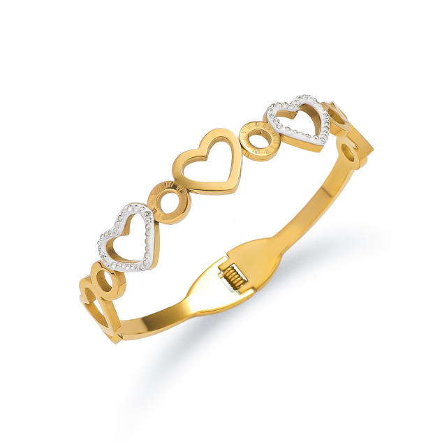 Hollow out heart rhinestone stainless steel bangle bracelet