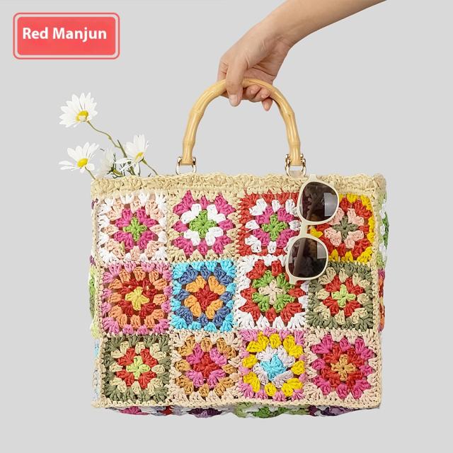 Spring Summer grandma contrast color straw bag women's handmade holiday shoulder bag