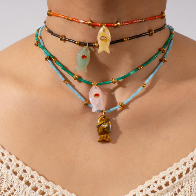 Small Fish pendant Natural Stone Stainless Steel Necklace choker necklace for summer