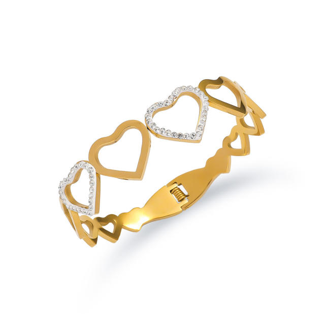 Hollow out heart rhinestone stainless steel bangle bracelet