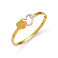 Hollow out heart rhinestone stainless steel bangle bracelet