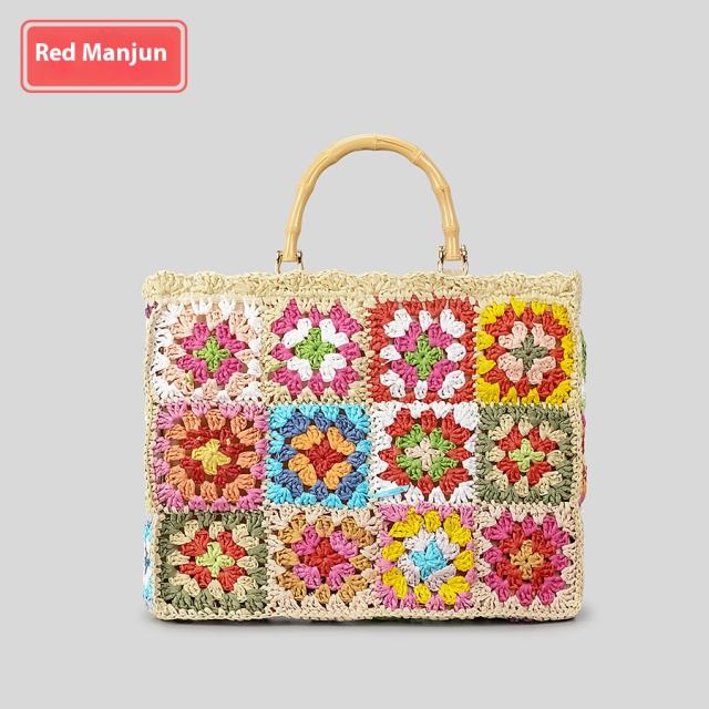 Spring Summer grandma contrast color straw bag women's handmade holiday shoulder bag