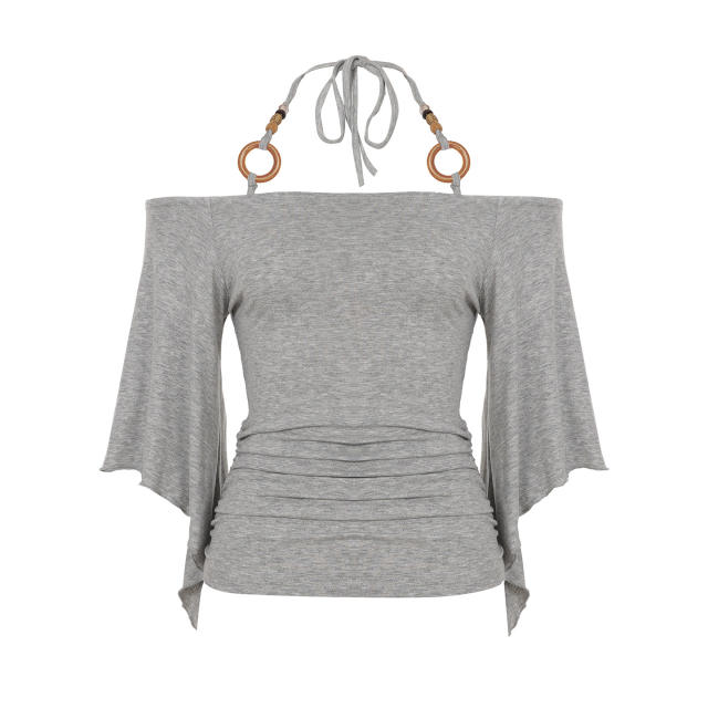 2025 Summer Women's Street Hot Girl One-Shoulder Wooden Beads Halter Neck Bat Sleeve Solid Color Slim T-Shirt