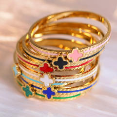 Elegant enamel four leaf clover stainless steel bangle bracelet