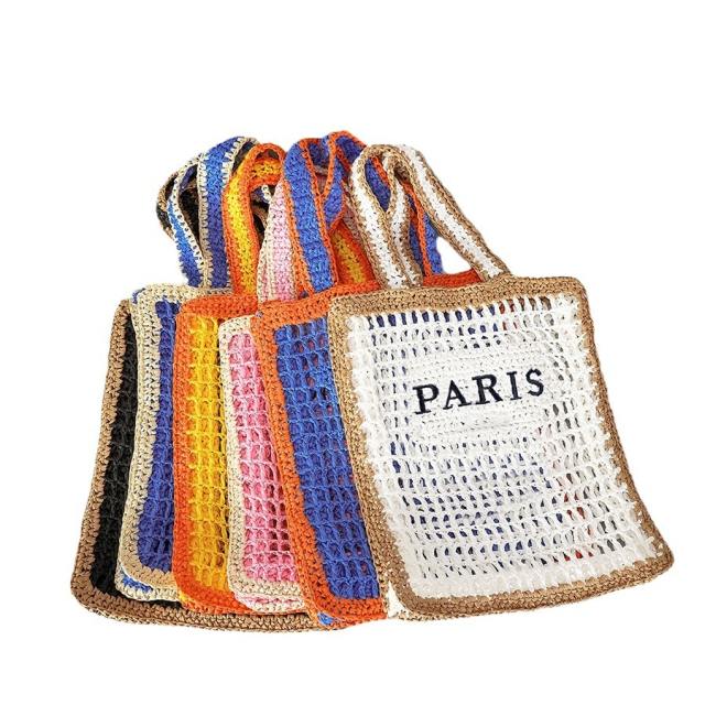 Pure Handmade Woven Handbag Women's Hollow Embroidered Letters Contrast Color Woven Bag