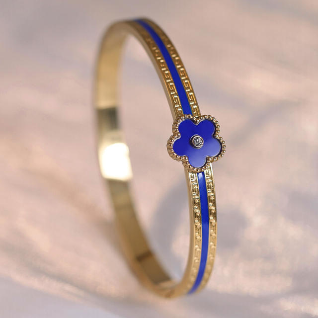 Color enamel five petal flower stainless steel bangle bracelet