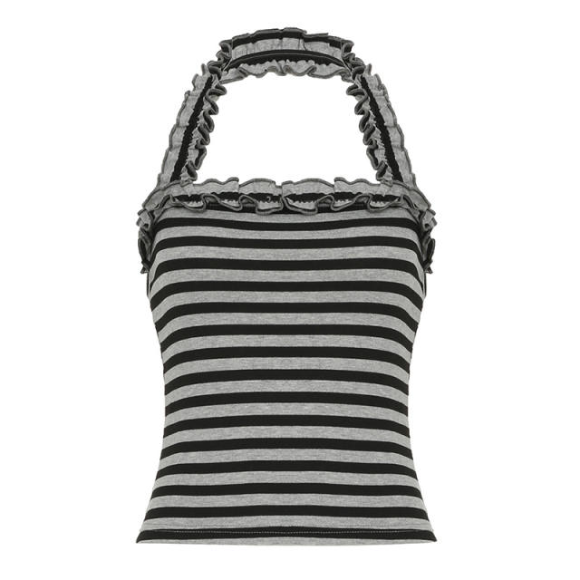 2025 Summer Sexy Hot Girl Style Casual Striped Halter Neck Pleated Vest