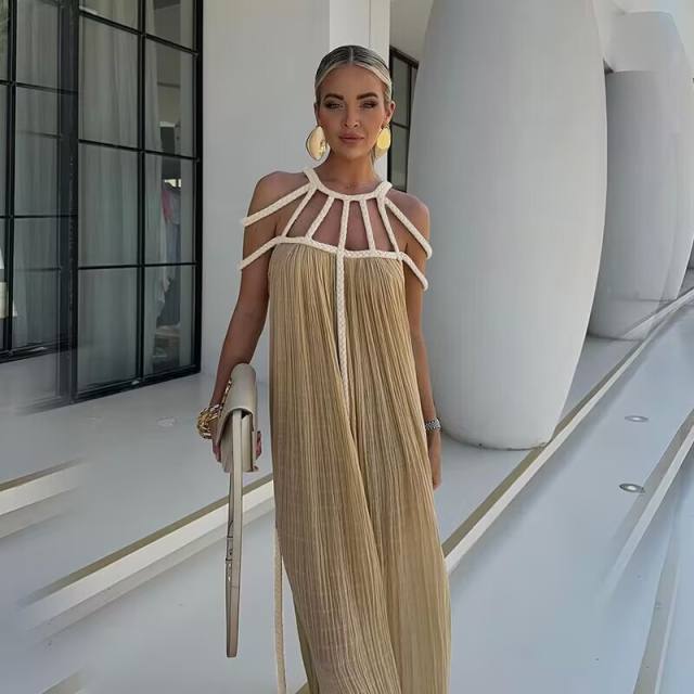 Summer new women's lace off-shoulder sexy halter loose holiday beach dress for women