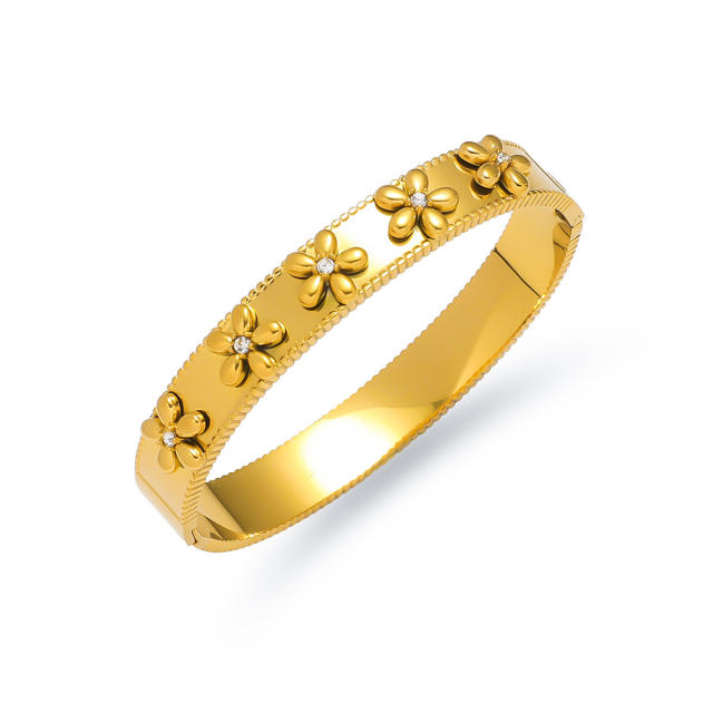 Easy match leaf flower rhinestone inlaid stainless steel bangle bracelet