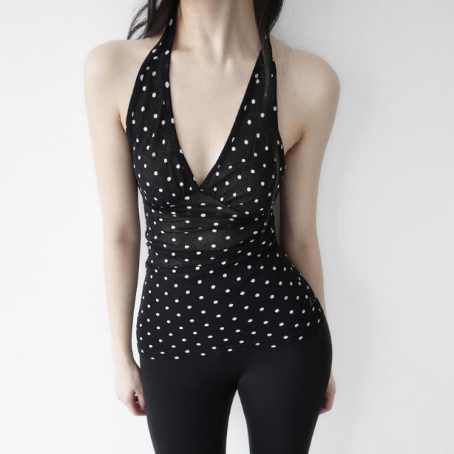 2025 New Arrival Black Poll Dot All-Match Backless V-Neck Tops