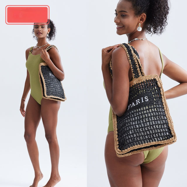 Pure Handmade Woven Handbag Women's Hollow Embroidered Letters Contrast Color Woven Bag