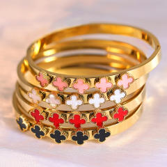 Colorful four leaf clover stainless steel bangle bracelet