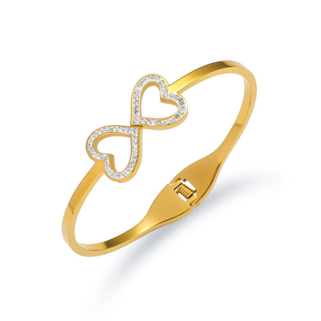 Hollow out heart rhinestone stainless steel bangle bracelet
