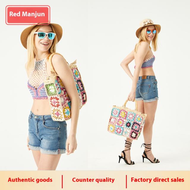 Spring Summer grandma contrast color straw bag women's handmade holiday shoulder bag