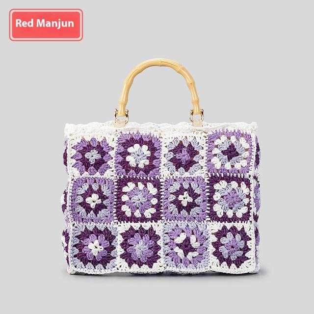 Spring Summer grandma contrast color straw bag women's handmade holiday shoulder bag