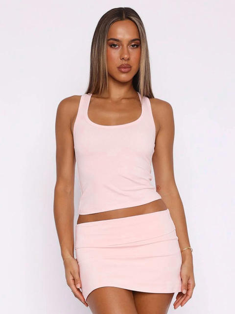 Women's Solid Color Sleeveless Slim U-Neck Vest Top Hip Skirt suit