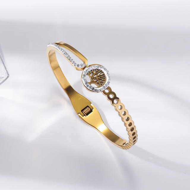 Easy match rhinestone inlaid stainless steel bangle bracelet