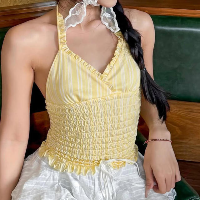 Halter Neck Striped Ruched Waist-Cinching Camisole Short Summer Top