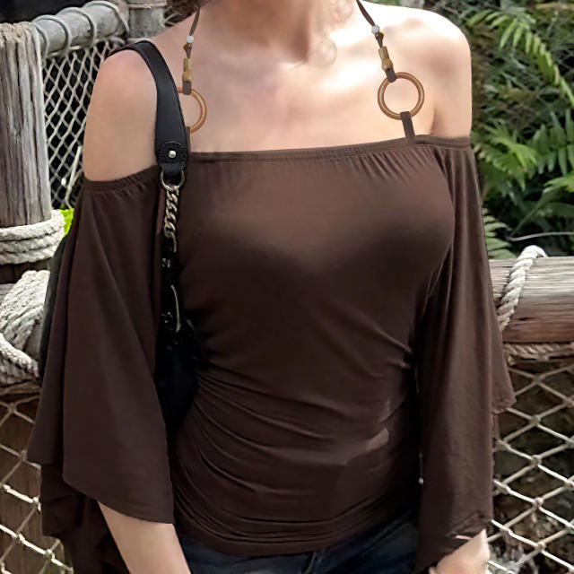 2025 Summer Women's Street Hot Girl One-Shoulder Wooden Beads Halter Neck Bat Sleeve Solid Color Slim T-Shirt