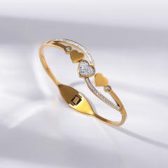 Delicate hollow out heart rhinestone setting stainless steel bangle bracelet