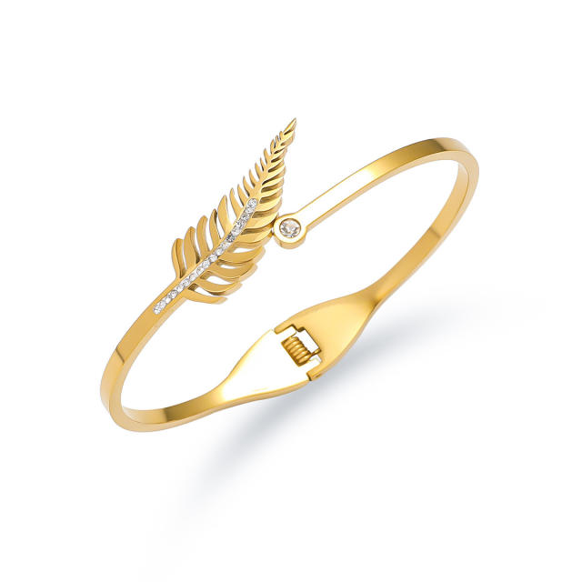 Easy match leaf flower rhinestone inlaid stainless steel bangle bracelet