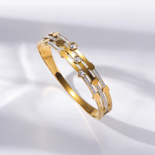 Delicate hollow out heart rhinestone setting stainless steel bangle bracelet