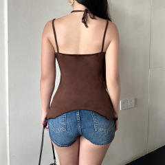 Sweet and Cool Style Gold Stitching Retro Asymmetrical Stacked Beads Halter Slim Vest