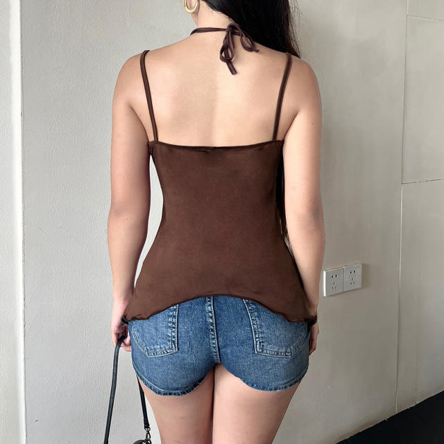 Sweet and Cool Style Gold Stitching Retro Asymmetrical Stacked Beads Halter Slim Vest