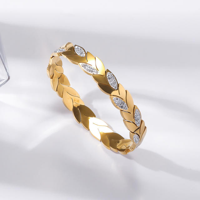 Easy match rhinestone inlaid stainless steel bangle bracelet