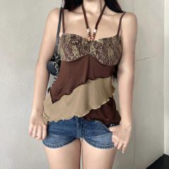 Sweet and Cool Style Gold Stitching Retro Asymmetrical Stacked Beads Halter Slim Vest
