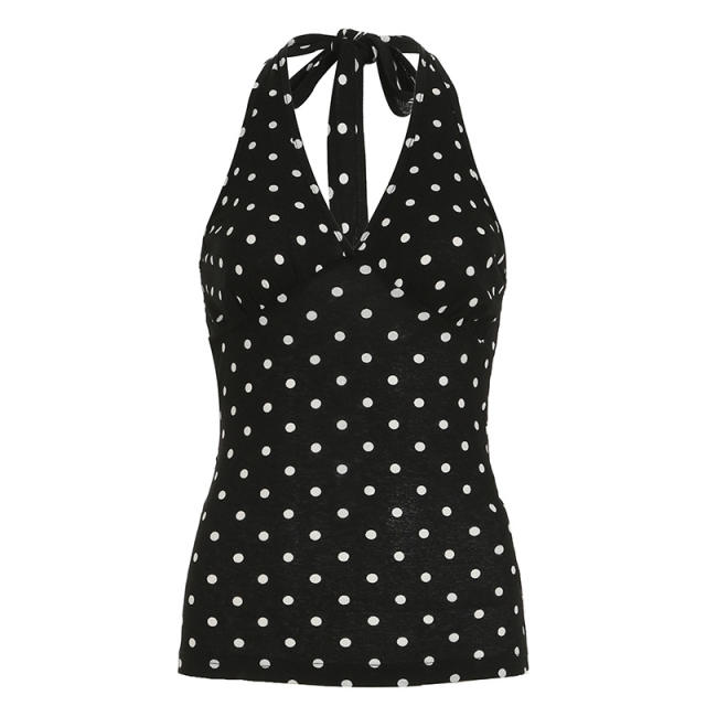 2025 New Arrival Black Poll Dot All-Match Backless V-Neck Tops
