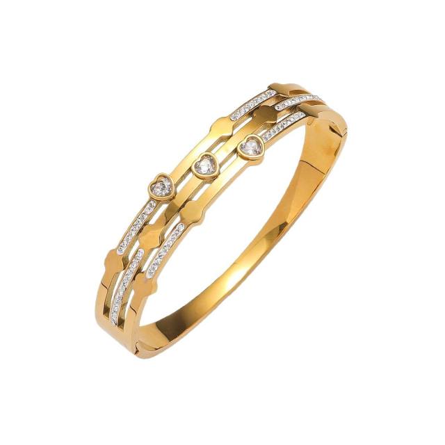 Delicate hollow out heart rhinestone setting stainless steel bangle bracelet