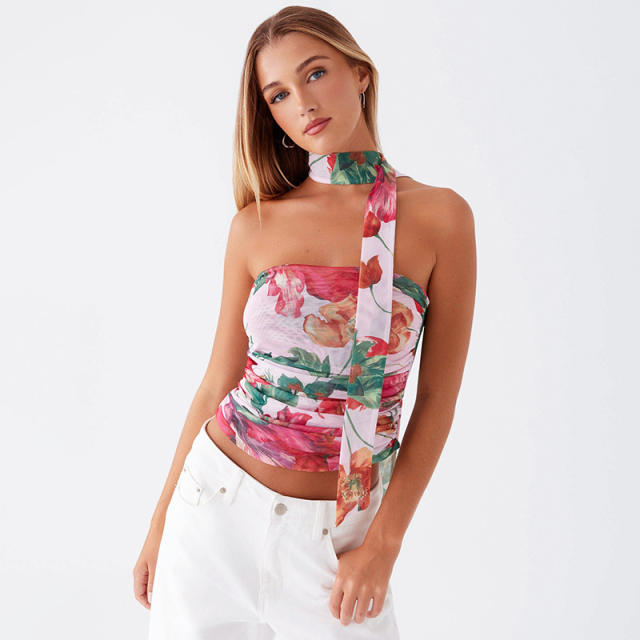 Women's Summer New Contrast Color Printed Sleeveless Slim-fit Strapless Vest Top