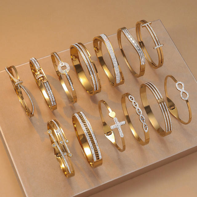 Delicate rhinestone inlaid easy match stainless steel bangle bracelet