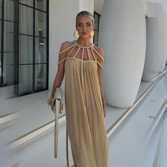 Summer new women's lace off-shoulder sexy halter loose holiday beach dress for women