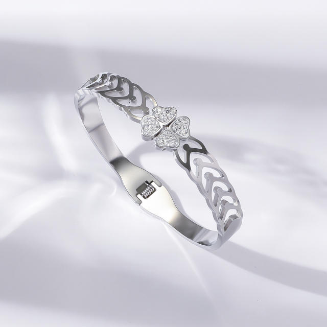 Delicate hollow out heart rhinestone setting stainless steel bangle bracelet