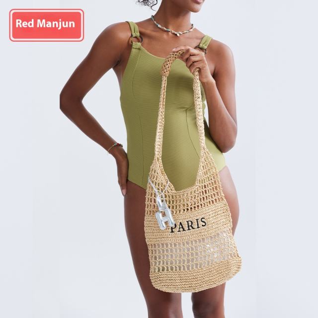 Handmade Letter Woven Tote Bag Hollow Casual Straw Handbag Summer Seaside Holiday Beach Bag