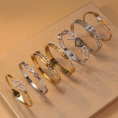 Delicate hollow out heart rhinestone setting stainless steel bangle bracelet