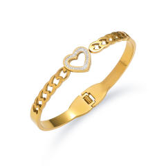 Hollow out heart rhinestone stainless steel bangle bracelet