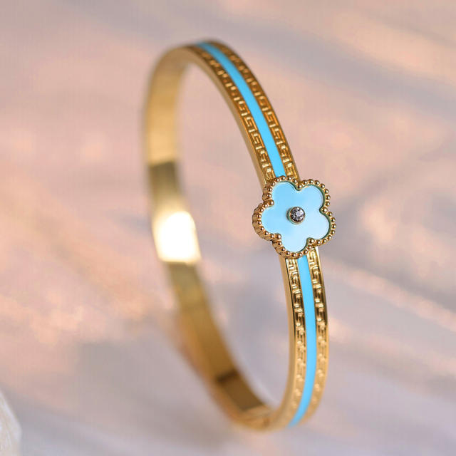 Color enamel five petal flower stainless steel bangle bracelet