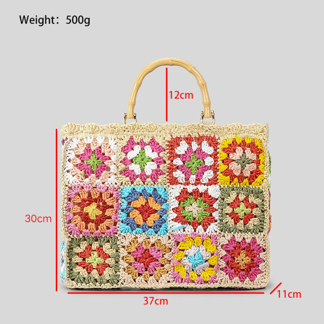 Spring Summer grandma contrast color straw bag women's handmade holiday shoulder bag