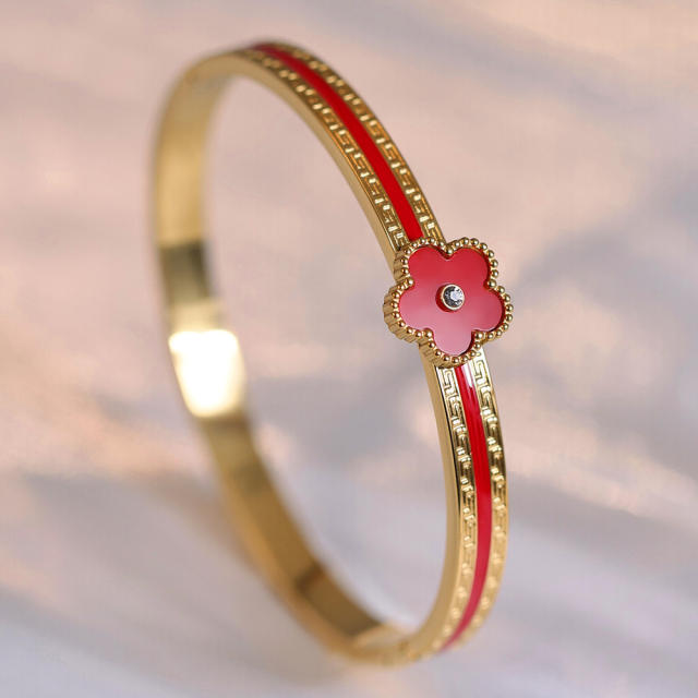 Color enamel five petal flower stainless steel bangle bracelet
