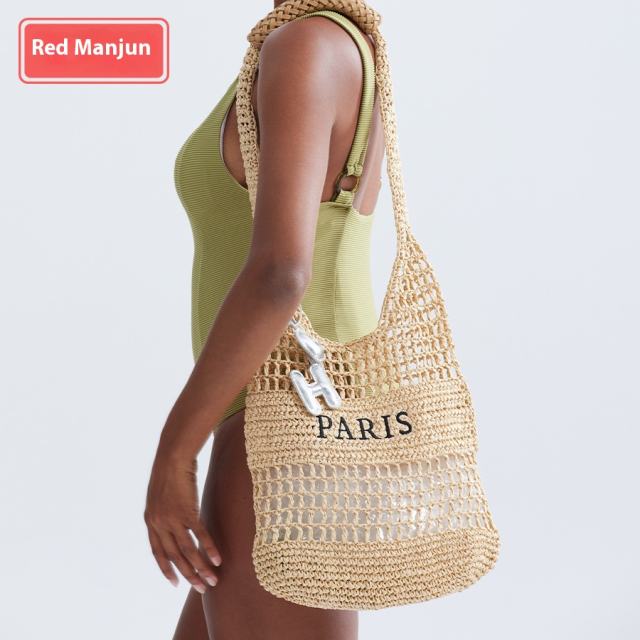 Handmade Letter Woven Tote Bag Hollow Casual Straw Handbag Summer Seaside Holiday Beach Bag