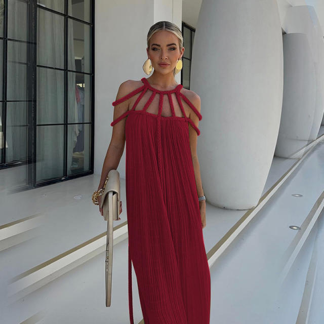 Summer new women's lace off-shoulder sexy halter loose holiday beach dress for women